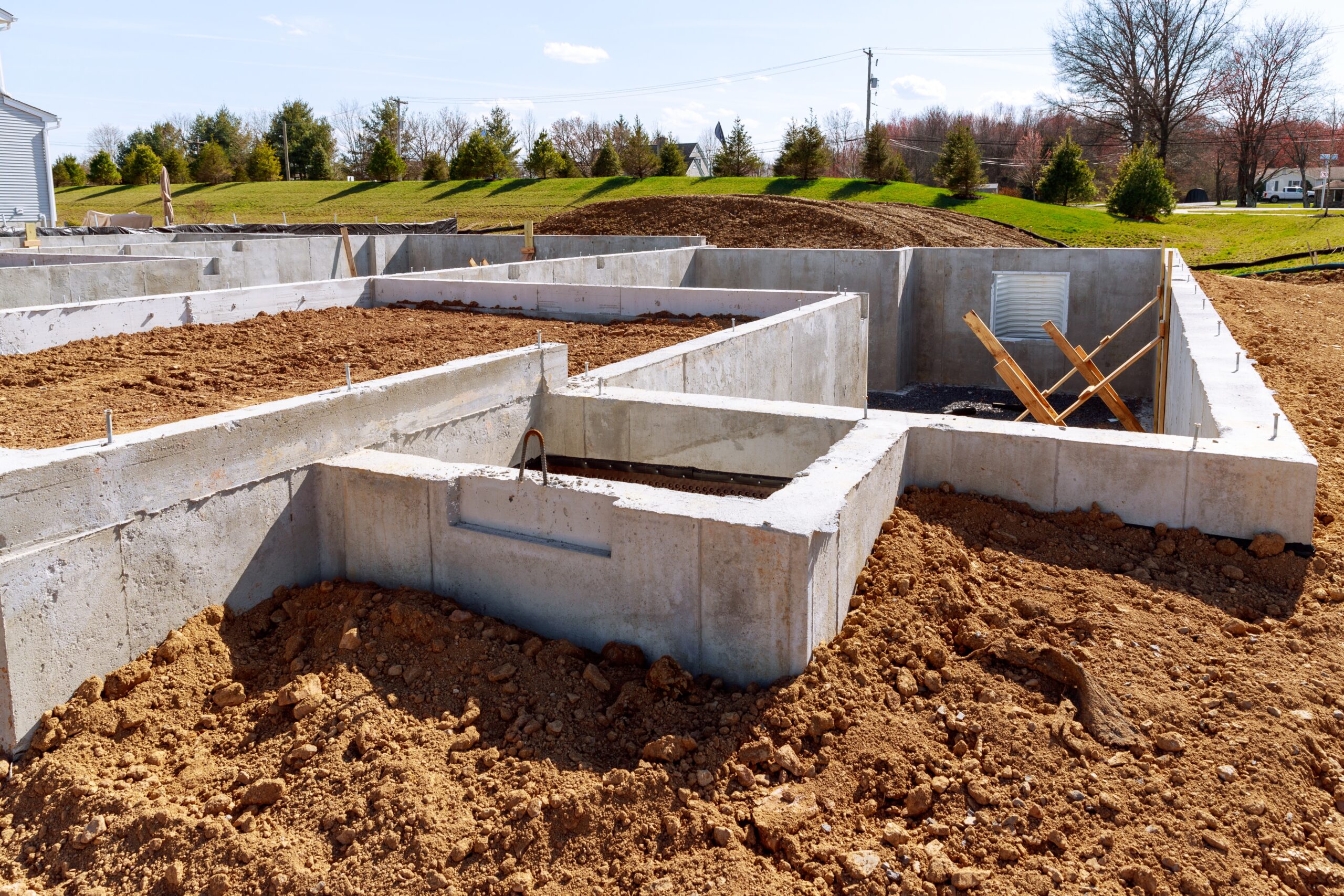 Concrete,Foundation,With,Reinforcement,And,Metal,Slab,Construction,Site,,Process